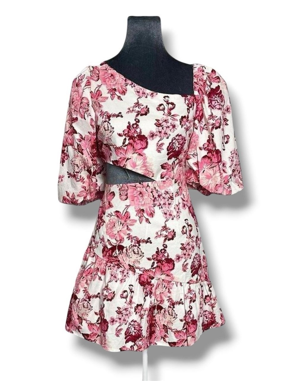 Pink & White Floral Asymmetrical Ruffle Cutout Puff Sleeve Mini Dress L Guest